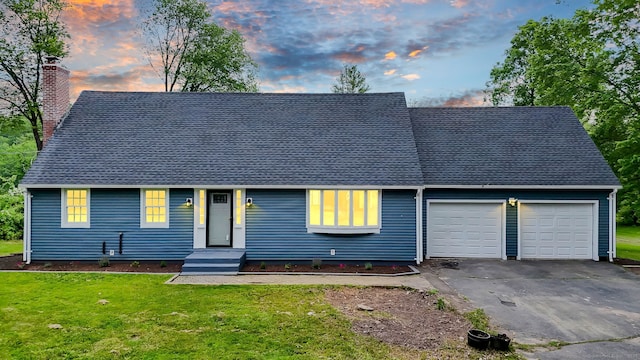 890 Copper Hill Rd, Suffield, CT 06093 - cape cod house with an attached garage, a chimney, a yard, asphalt driveway, and a shingled roof