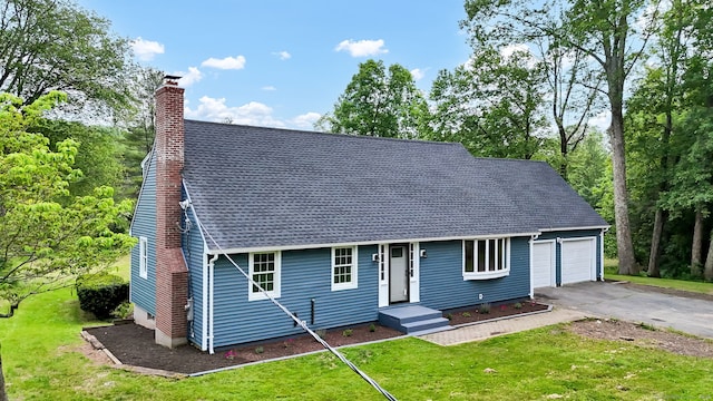 890 Copper Hill Rd, Suffield, CT 06093 - view of front of house featuring a front lawn, a chimney, a shingled roof, an attached garage, and driveway