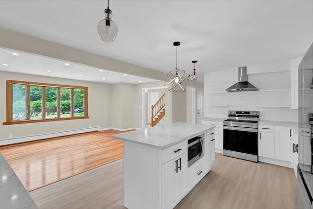890 Copper Hill Rd, Suffield, CT 06093 - kitchen featuring wall chimney exhaust hood, appliances with stainless steel finishes, light wood-style flooring, baseboard heating, and recessed lighting