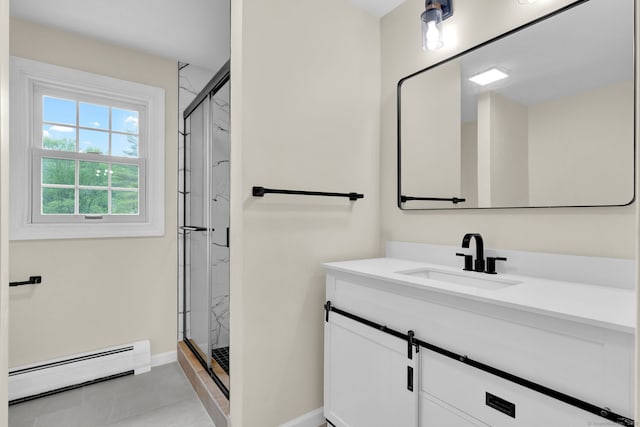 890 Copper Hill Rd, Suffield, CT 06093 - bathroom featuring baseboard heating, vanity, a stall shower, and tile patterned floors