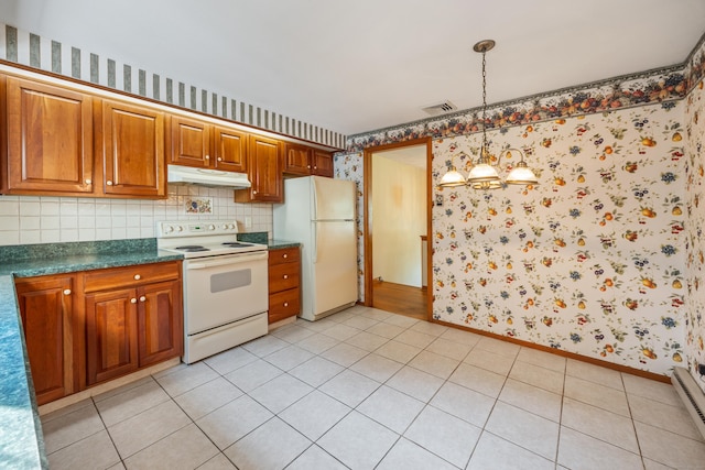 10 Longview Ln, Wallingford, CT 06492 - kitchen with white appliances, under cabinet range hood, wallpapered walls, a baseboard radiator, and dark countertops