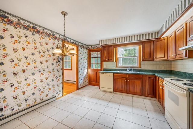 10 Longview Ln, Wallingford, CT 06492 - kitchen featuring white appliances, wallpapered walls, a baseboard radiator, a sink, and dark countertops