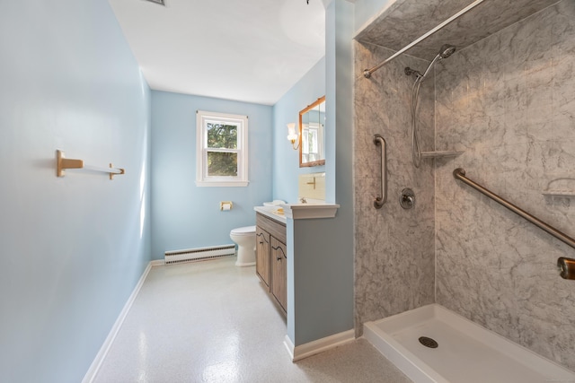 10 Longview Ln, Wallingford, CT 06492 - full bath featuring a baseboard radiator, vanity, tiled shower, and toilet