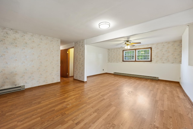 10 Longview Ln, Wallingford, CT 06492 - unfurnished room featuring a baseboard radiator, wallpapered walls, light wood finished floors, and ceiling fan