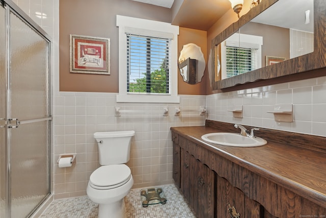 646 Onondaga Ln Unit B, Stratford, CT 06614 - bathroom with vanity, tile walls, a stall shower, toilet, and tile patterned flooring
