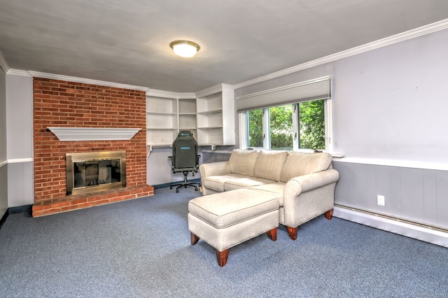 17 Farmstead Ln, West Hartford, CT 06117 - carpeted living room with a baseboard radiator, ornamental molding, a brick fireplace, and a wainscoted wall