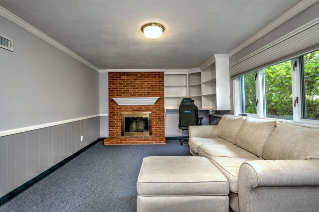 17 Farmstead Ln, West Hartford, CT 06117 - carpeted living room featuring ornamental molding and a brick fireplace