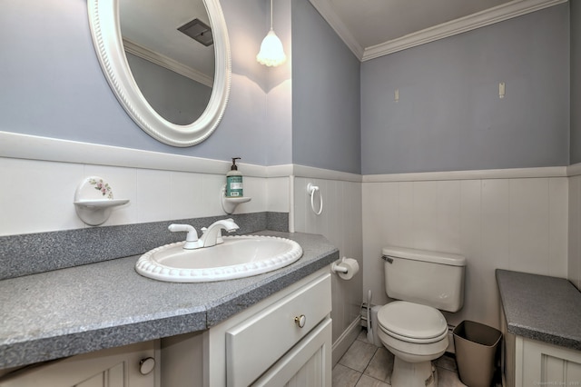 17 Farmstead Ln, West Hartford, CT 06117 - half bath with crown molding, vanity, toilet, a wainscoted wall, and tile patterned flooring