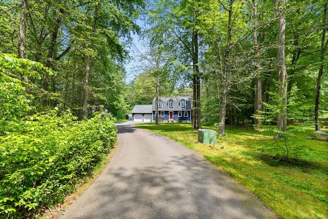 43 Debi Cir, Colchester, CT 06415 - view of front facade with asphalt driveway, a garage, a view of trees, and a front yard