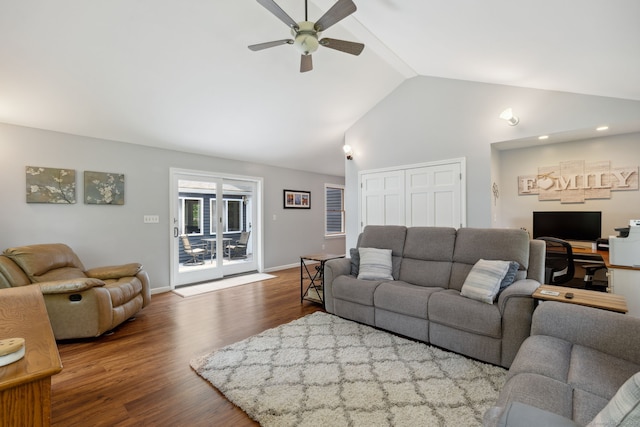 43 Debi Cir, Colchester, CT 06415 - living room featuring lofted ceiling, a ceiling fan, wood finished floors, and baseboards
