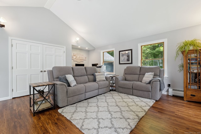 43 Debi Cir, Colchester, CT 06415 - living area featuring baseboard heating, dark wood-type flooring, high vaulted ceiling, and baseboards