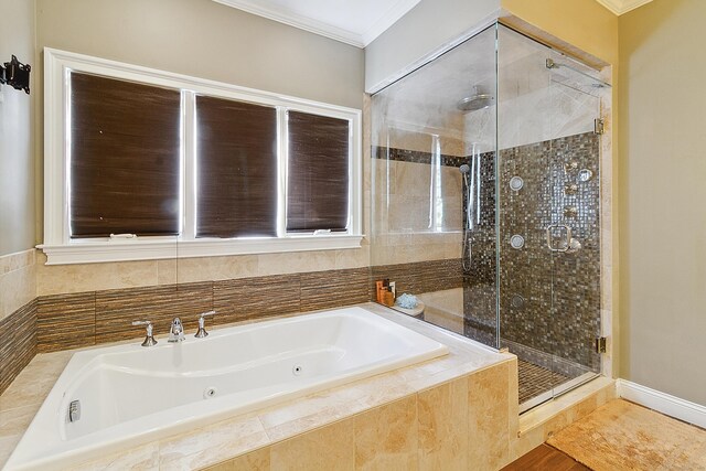 11 Delno Dr, Danbury, CT 06811 - bathroom with a whirlpool tub, a shower stall, and ornamental molding