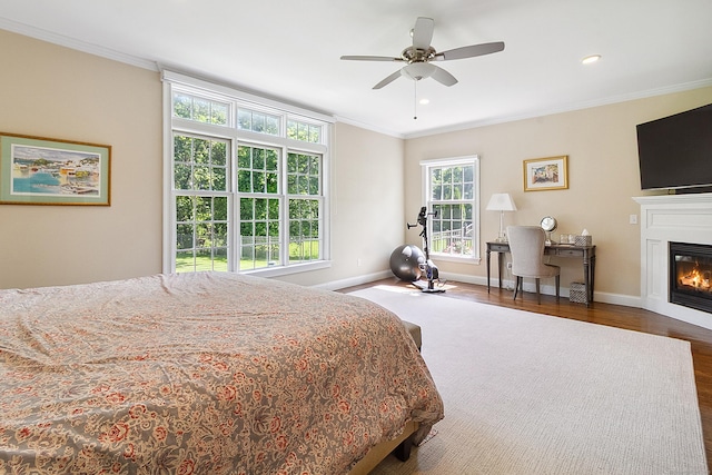 11 Delno Dr, Danbury, CT 06811 - bedroom with crown molding, a glass covered fireplace, dark wood-type flooring, baseboards, and recessed lighting