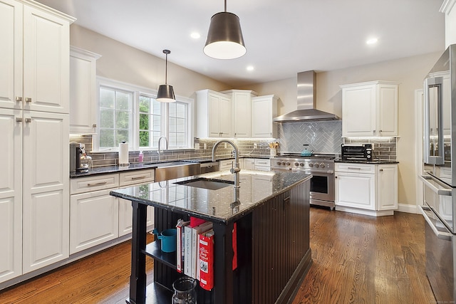 11 Delno Dr, Danbury, CT 06811 - kitchen featuring high quality appliances, wall chimney range hood, a sink, open shelves, and white cabinetry