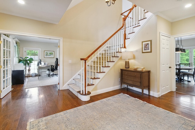 11 Delno Dr, Danbury, CT 06811 - stairway with wood finished floors, baseboards, lofted ceiling, recessed lighting, and french doors
