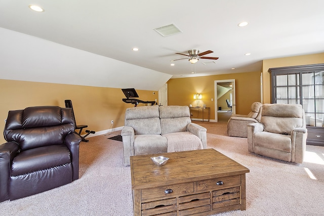 11 Delno Dr, Danbury, CT 06811 - living area with carpet, baseboards, recessed lighting, a ceiling fan, and vaulted ceiling