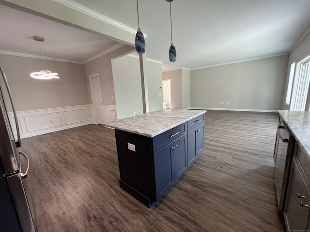 20 Lombard Cir Unit 20, North Haven, CT 06473 - kitchen with open floor plan, blue cabinets, dark wood-style floors, light stone countertops, and decorative light fixtures