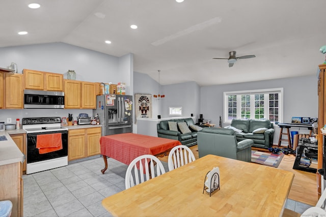 285 Witches Rock Rd, Bristol, CT 06010 - kitchen with stainless steel appliances, light countertops, ceiling fan, light tile patterned floors, and recessed lighting
