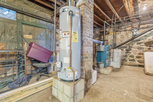 480 W St, Bristol, CT 06010 - unfinished basement featuring water heater, a heating unit, and washer / clothes dryer