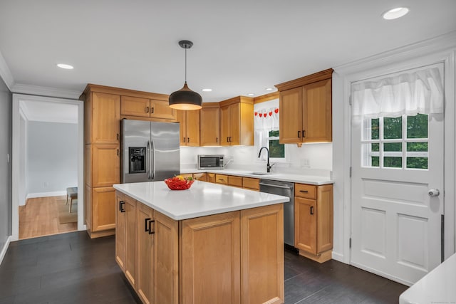 19 W Hills Rd, Essex, CT 06442 - kitchen with appliances with stainless steel finishes, light countertops, decorative light fixtures, dark wood-type flooring, and recessed lighting