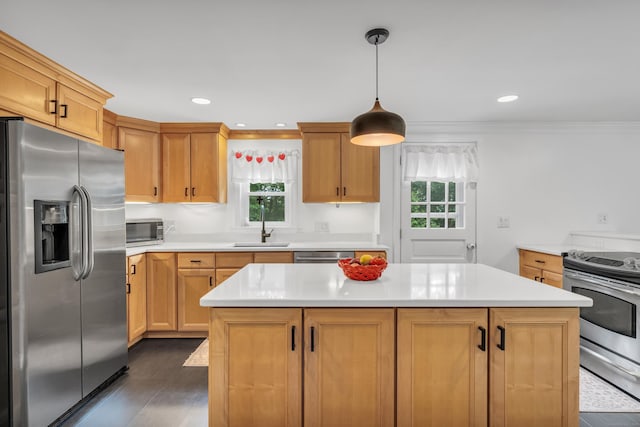 19 W Hills Rd, Essex, CT 06442 - kitchen with stainless steel appliances, healthy amount of natural light, light countertops, crown molding, and recessed lighting