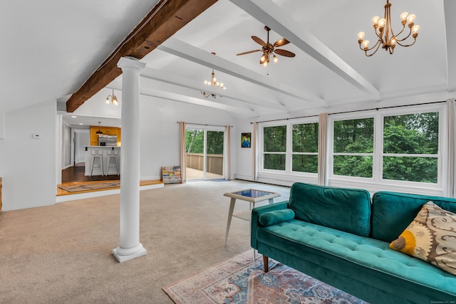 19 W Hills Rd, Essex, CT 06442 - living area featuring a chandelier, carpet floors, a ceiling fan, and ornate columns