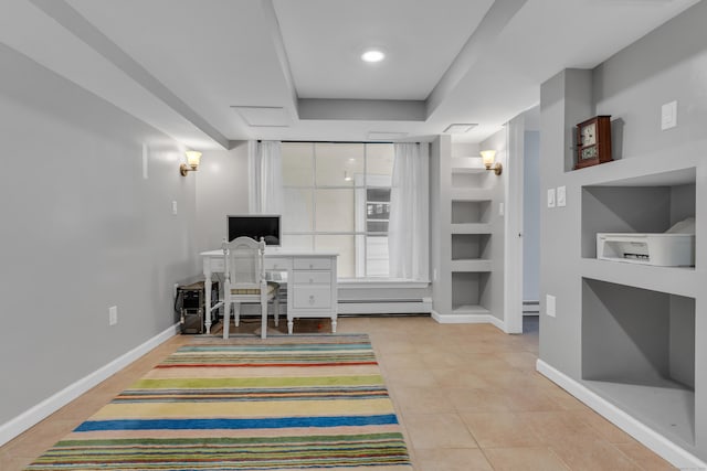 19 W Hills Rd, Essex, CT 06442 - tiled office with built in features, baseboard heating, a baseboard radiator, and a tray ceiling