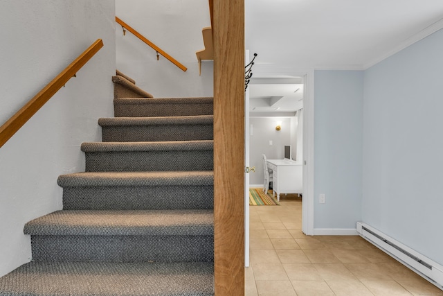 19 W Hills Rd, Essex, CT 06442 - stairs with a baseboard heating unit, tile patterned floors, and crown molding