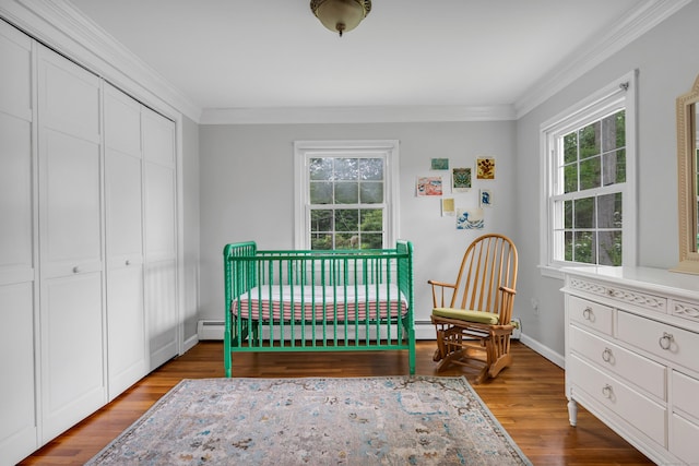 19 W Hills Rd, Essex, CT 06442 - bedroom featuring ornamental molding, wood finished floors, a closet, and a baseboard radiator