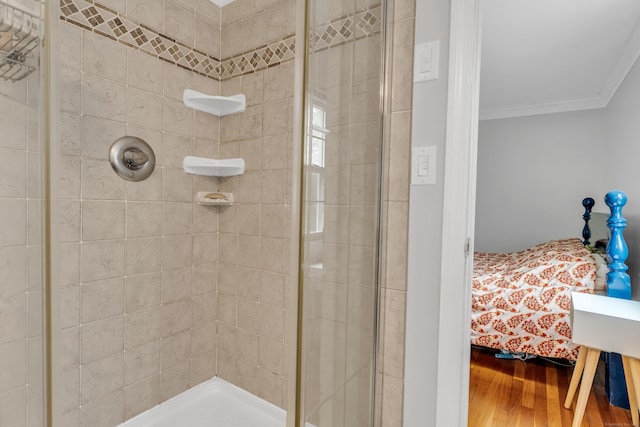 19 W Hills Rd, Essex, CT 06442 - full bath featuring crown molding, a shower stall, connected bathroom, and wood finished floors