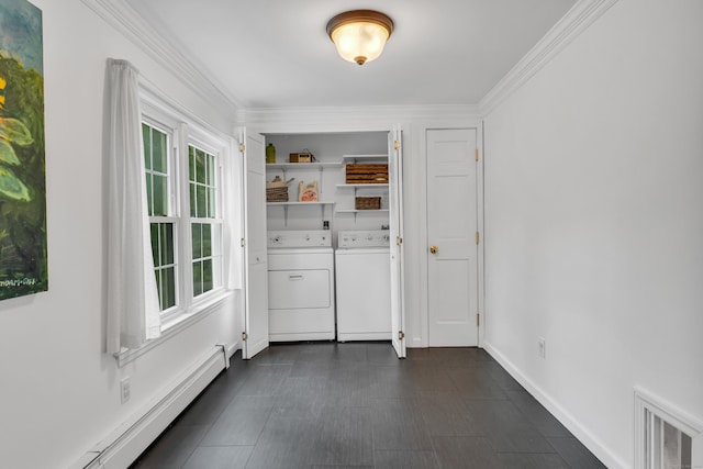 19 W Hills Rd, Essex, CT 06442 - laundry area with washing machine and clothes dryer, a baseboard heating unit, and ornamental molding