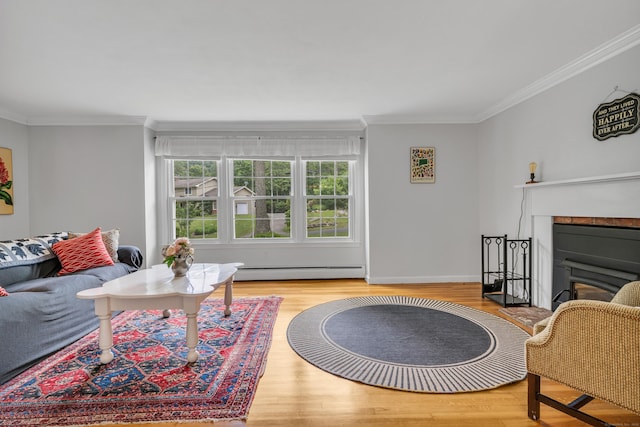 19 W Hills Rd, Essex, CT 06442 - living room with a baseboard radiator, crown molding, wood finished floors, and a glass covered fireplace