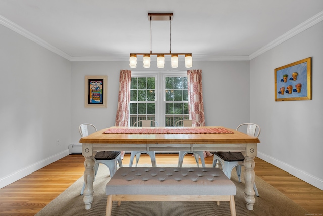 19 W Hills Rd, Essex, CT 06442 - dining space featuring ornamental molding, light wood-style flooring, and a baseboard radiator