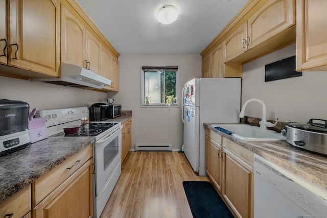 30 Riverview Dr Unit 30, Bridgeport, CT 06606 - kitchen featuring under cabinet range hood, white appliances, a sink, and light brown cabinetry