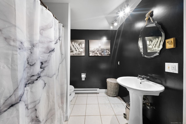 30 Riverview Dr Unit 30, Bridgeport, CT 06606 - full bathroom with tile patterned flooring, a baseboard radiator, toilet, and a shower with curtain