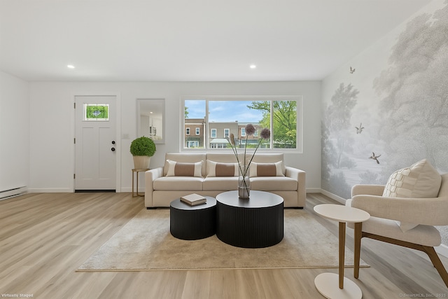 17 Avon Ln, Stamford, CT 06907 - living room featuring wood finished floors, baseboards, recessed lighting, and a baseboard radiator