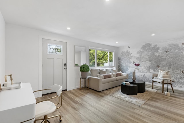 17 Avon Ln, Stamford, CT 06907 - living area with wood finished floors, baseboards, recessed lighting, and wallpapered walls