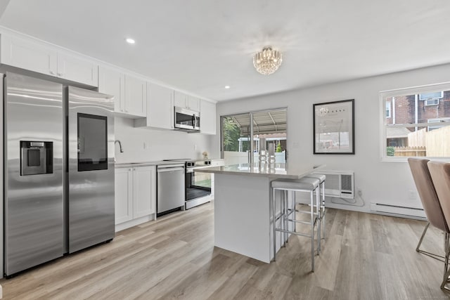 17 Avon Ln, Stamford, CT 06907 - kitchen with appliances with stainless steel finishes, a baseboard heating unit, white cabinetry, and recessed lighting
