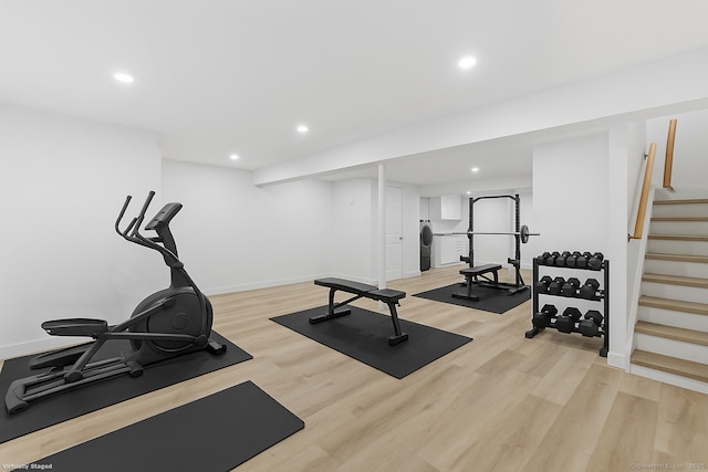 17 Avon Ln, Stamford, CT 06907 - exercise room with light wood finished floors, recessed lighting, washer / clothes dryer, and baseboards