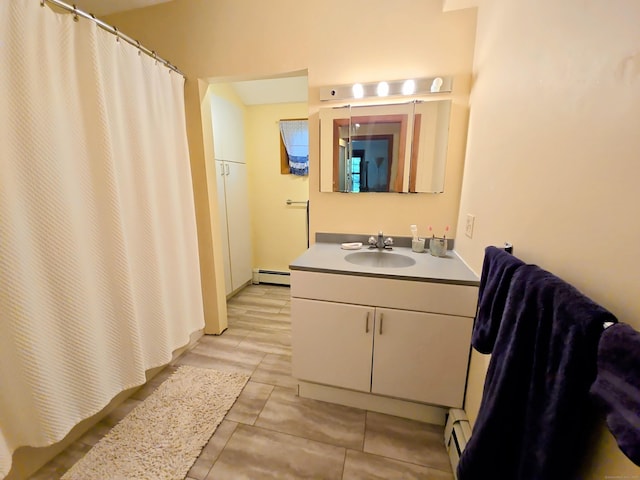 44 Wilbur Rd, Washington, CT 06777 - full bathroom with baseboard heating, vanity, and curtained shower