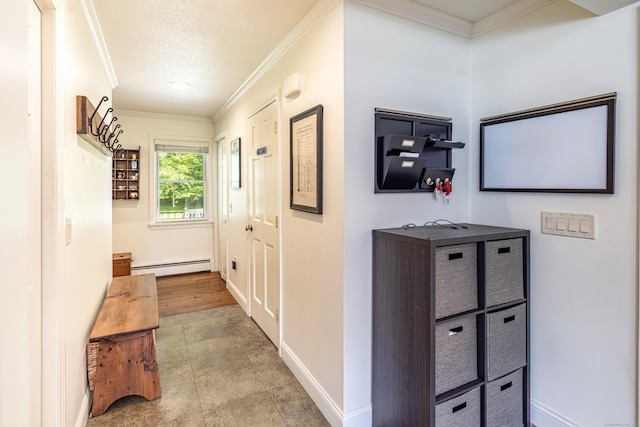 47 Davis Rd, Mansfield, CT 06268 - corridor featuring a baseboard radiator, crown molding, and a textured ceiling