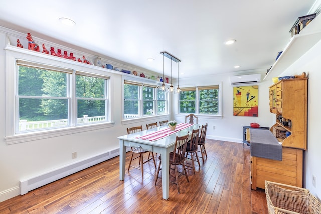47 Davis Rd, Mansfield, CT 06268 - dining space featuring baseboard heating, hardwood / wood-style flooring, a wall mounted air conditioner, and recessed lighting