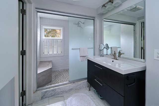29 Bayberry Rd, Fairfield, CT 06825 - full bathroom featuring tiled shower, vanity, and marble look tile flooring