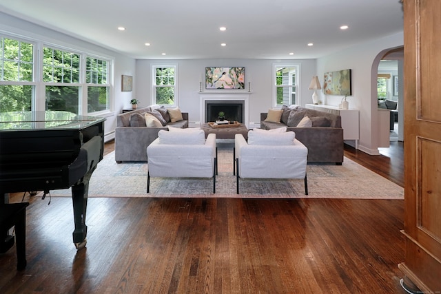 29 Bayberry Rd, Fairfield, CT 06825 - living room featuring arched walkways, plenty of natural light, wood finished floors, a fireplace, and recessed lighting