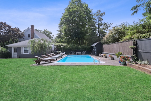 29 Bayberry Rd, Fairfield, CT 06825 - view of pool with a fenced backyard, a patio, and a storage shed