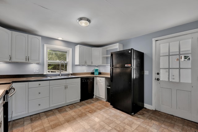 824 Torringford W St, Torrington, CT 06790 - kitchen featuring black appliances, white cabinetry, and open shelves