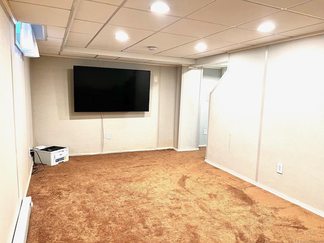 17 Rock Spring Rd, Stamford, CT 06906 - finished basement with carpet floors, a baseboard radiator, recessed lighting, and a drop ceiling