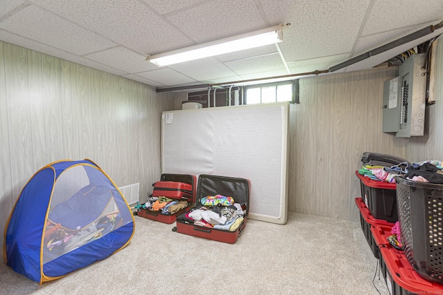 12 John St, Killingly, CT 06239 - rec room featuring electric panel, carpet, a paneled ceiling, and wood walls