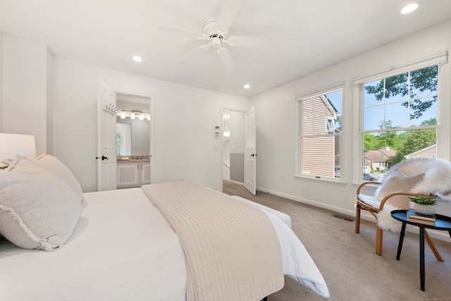 75 Brittania Rd Unit 75, Danbury, CT 06811 - bedroom featuring light carpet, baseboards, recessed lighting, ensuite bath, and ceiling fan