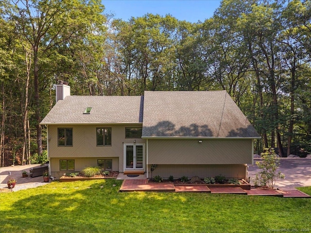 2 Round Hill Rd, Shelton, CT 06484 - rear view of property featuring a chimney, french doors, a yard, and roof with shingles